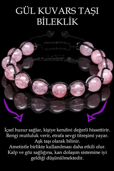 Sertifikalı Gül Kuvars Taşı Bileklik - Makrome ürün görseli