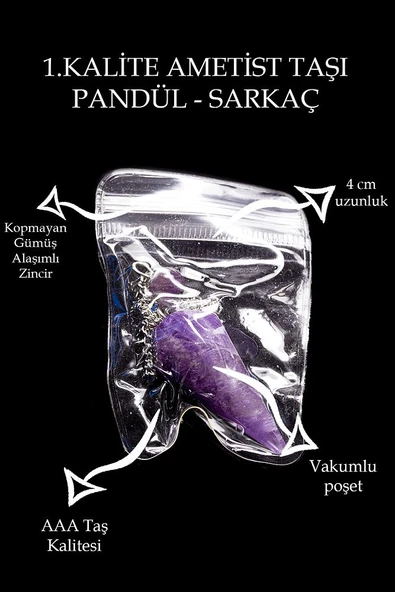 Sertifikalı Aaa+ Kalite Ametist Taşı Pandül Sarkaç - 4cm - Resim 2