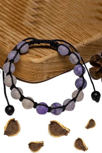 Sertifikalı Açık Mor Gri Akik Taşı Bileklik - Makrome - Resim 3