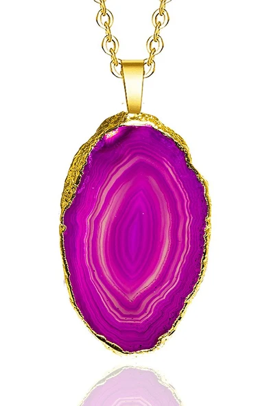 Sertifikalı Ham Pembe Akik Taşı Plaka Kolye - 24k Altın Kaplama - Resim 3