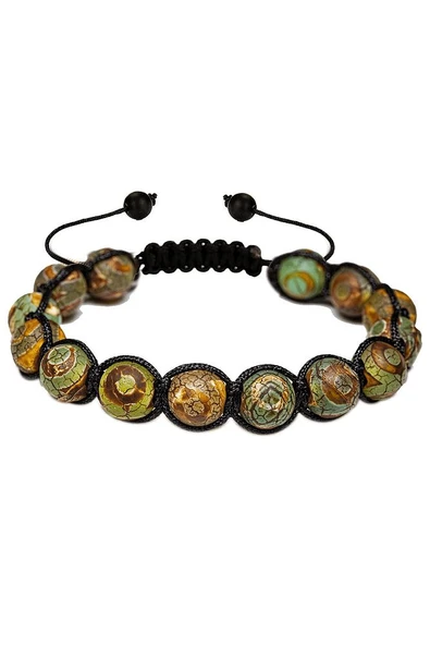 Sertifikalı Yeşil Kahverengi Tibet Akik Taşı Bileklik - Resim 2