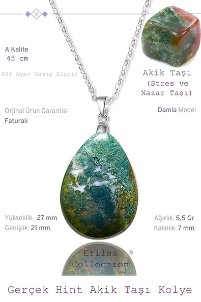 Sertifikalı Damla Model Yosunlu Hint Akik Taşı Kolye (GÜMÜŞ APARATLI) ürün görseli