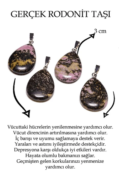 Sertifikalı Damla Model Rodokrozit - Rodonit Taşı Kolye (GÜMÜŞ APARATLI) - Resim 3