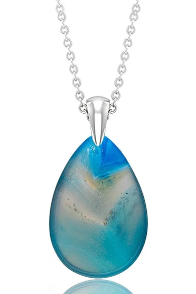 Sertifikalı Damla Model Mavi Akik Taşı Kolye (GÜMÜŞ APARATLI) - Resim 3