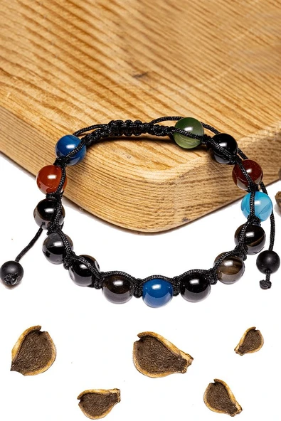 Sertifikalı Siyah Renkli Akik Taşı Bileklik - Makrome - Resim 3