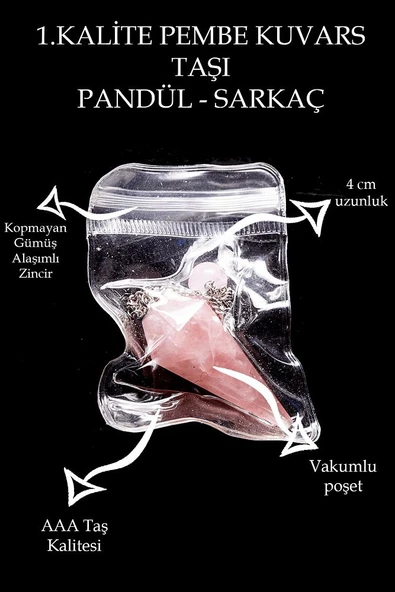 Sertifikalı Aaa+ Kalite Pembe Kuvars Taşı Pandül Sarkaç - 4 Cm - Resim 2