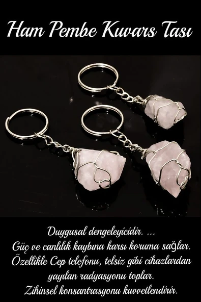 Sertifikalı Tel Sargılı Ham Işlenmemiş Pembe Kuvars Taşı Anahtarlık - 2