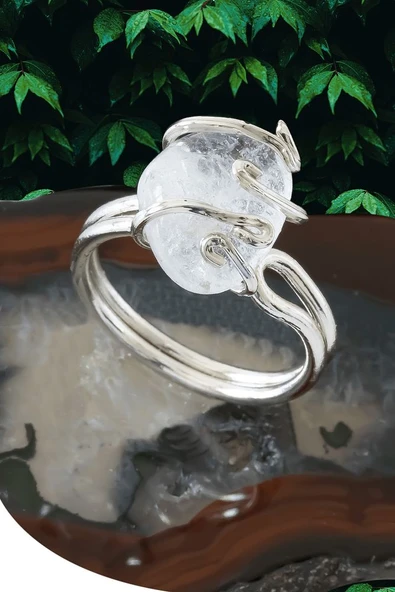 Sertifikalı Gümüş Rokoko Model Kristal Kuvars Taşı Yüzük - Ayarlamalı ürün görseli