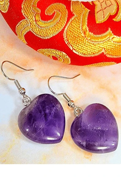 Sertifikalı Kalp Model Gerçek Ametist Taşı Doğal Taş Küpe - Resim 2