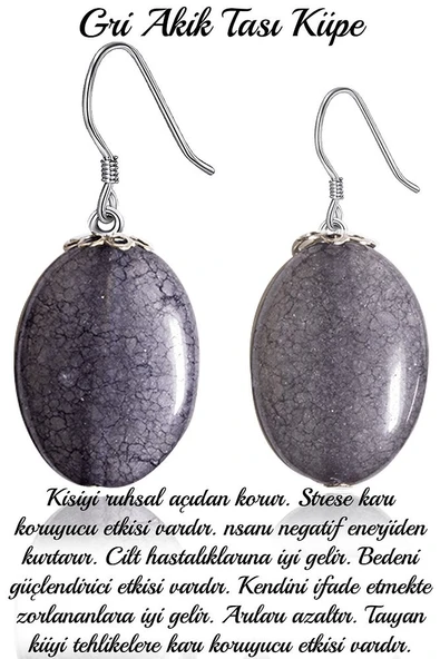 Sertifikalı Damarlı Gri Akik Taşı Doğal Taş Küpe