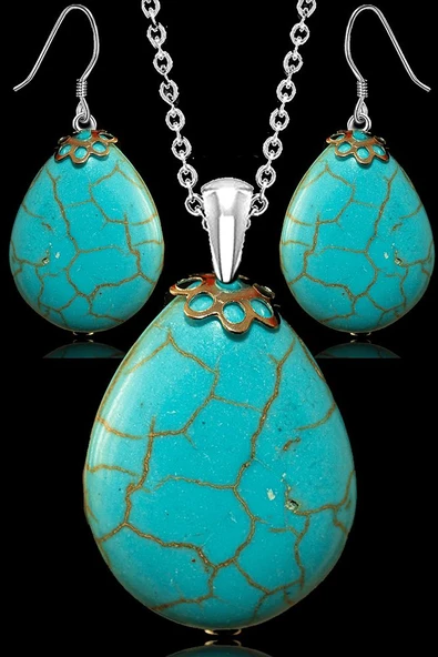 Sertifikalı Damla Kesim Iran Firuze - Turkuaz Taşı Kolye Ve Küpe Seti