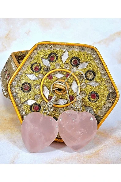 Sertifikalı Kalp Kesim Pembe Kuvars Taşı Doğal Taş Küpe - 8