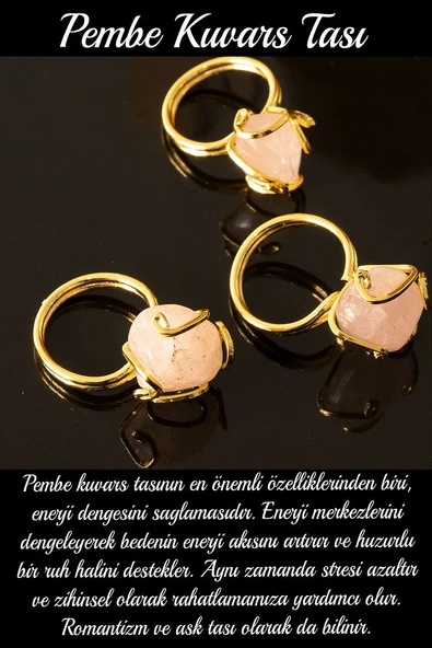 Sertifikalı Gold Rokoko Model Pembe Kuvars Taşı Yüzük - Ayarlamalı - Resim 2