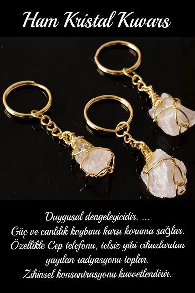 Sertifikalı Tel Sargılı Ham Kristal Kuvars Taşı Anahtarlık - Altın Kaplama - 2