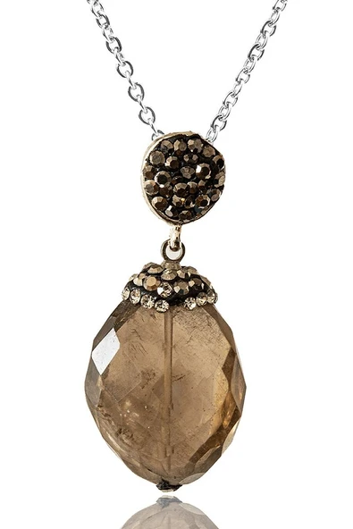 Sertifikalı Fasetli Zirkon Taşlı Dumanlı Kuvars Taşı Kolye - Resim 2