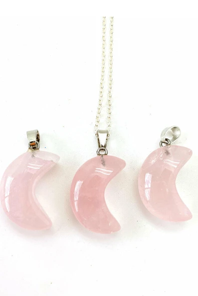Sertifikalı Pembe Kuvars Doğal Taş Ay Model Kolye - Resim 2