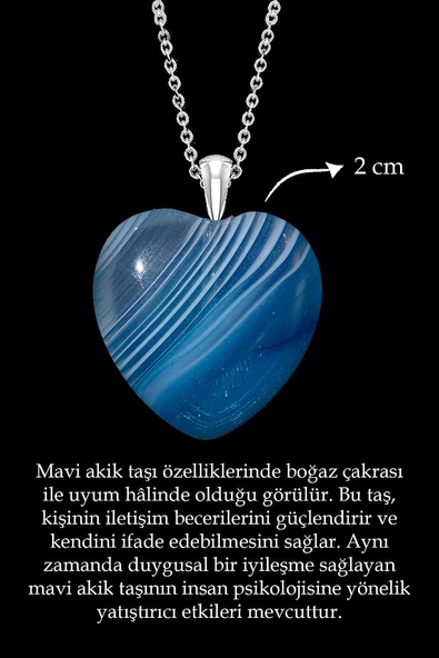 Sertifikalı Kalp Kesim Damarlı Mavi Akik Taşı Kolye - Resim 2