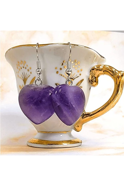 Sertifikalı Kalp Model Gerçek Ametist Taşı Doğal Taş Küpe - Resim 5