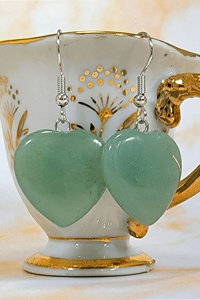 Sertifikalı Kalp Kesim Aventurin Taşı Doğal Taş Küpe - 2