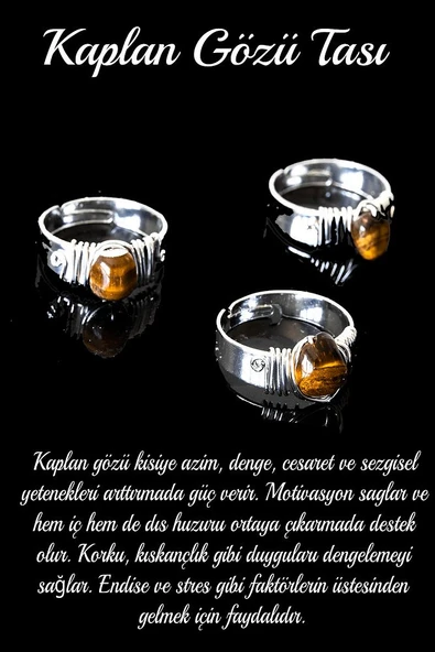 Sertifikalı Kalın Tımbıl Gümüş Model Kaplan Gözü Taşı Yüzük - Ayarlamalı - Resim 2