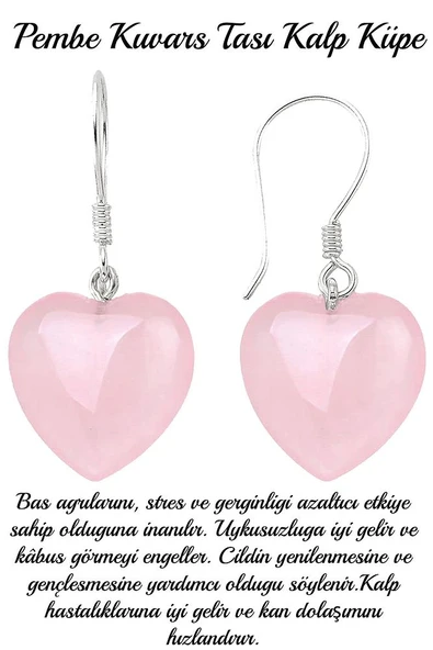 Sertifikalı Kalp Kesim Pembe Kuvars Taşı Doğal Taş Küpe