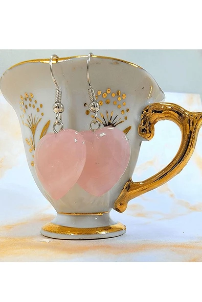 Sertifikalı Kalp Kesim Pembe Kuvars Taşı Doğal Taş Küpe - 5