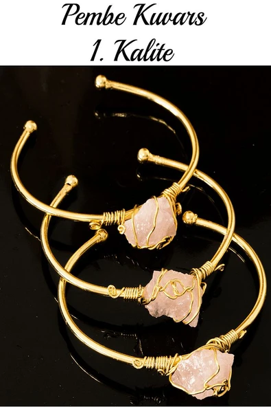 Sertifikalı Kelepçe Model Ayarlamalı Aaa Pembe Kuvars Taşı Bileklik - Kararmaz - Resim 2