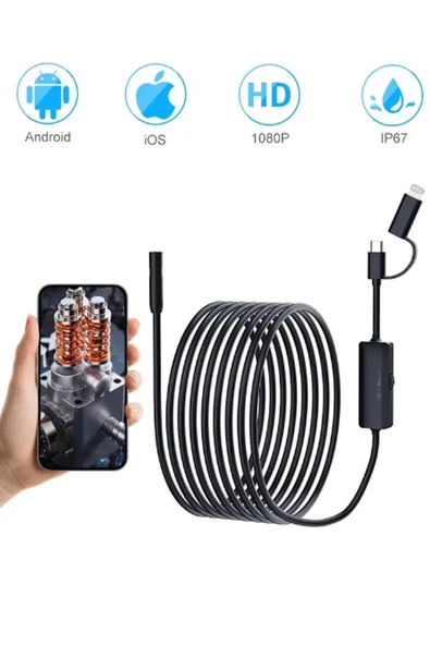 Endoskop Yılan Video Kamera Ios Ve Android Uyumlu Led’li 10 Metre 8 Mm Sert Kablo 2mp