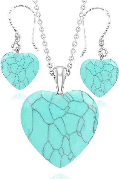 Sertifikalı Kalp Turkuaz Kolye Ve Küpe Seti ürün görseli