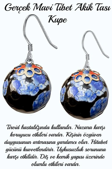 Sertifikalı Mavi Siyah Tibet Akik Taşı Doğal Taş Küpe