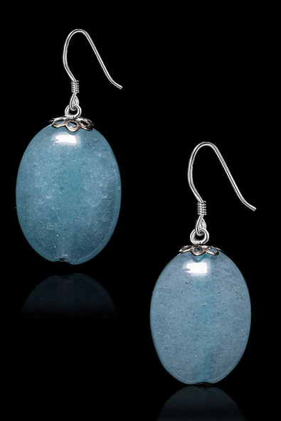 Sertifikalı Oval Kesim Mavi Kuvars Taşı Doğal Taş Küpe - 2