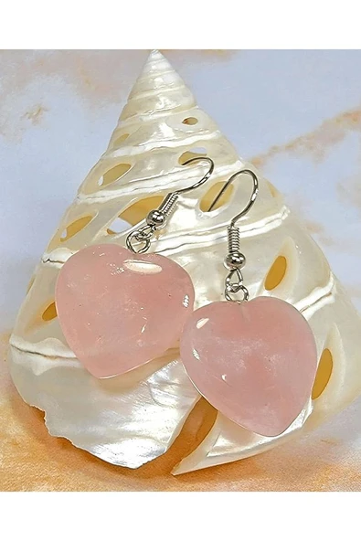 Sertifikalı Kalp Kesim Pembe Kuvars Taşı Doğal Taş Küpe - 3