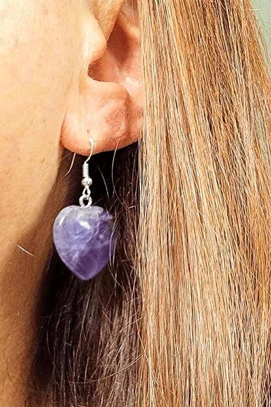 Sertifikalı Kalp Model Gerçek Ametist Taşı Doğal Taş Küpe - Resim 4