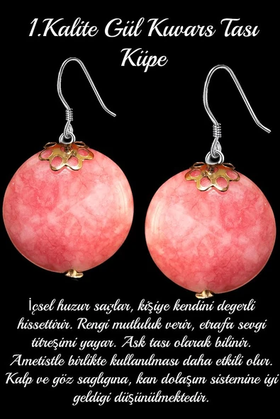 Sertifikalı Gül Kuvars Taşı Doğal Taş Küpe - 1.kalite ürün görseli