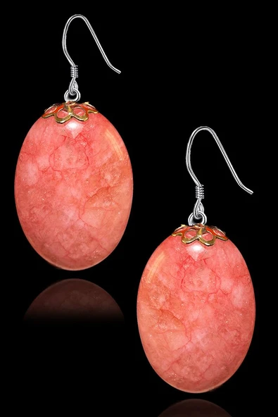 Sertifikalı Oval Kesim Gül Kuvars Taşı Doğal Taş Küpe - Aaa+kalite - 2