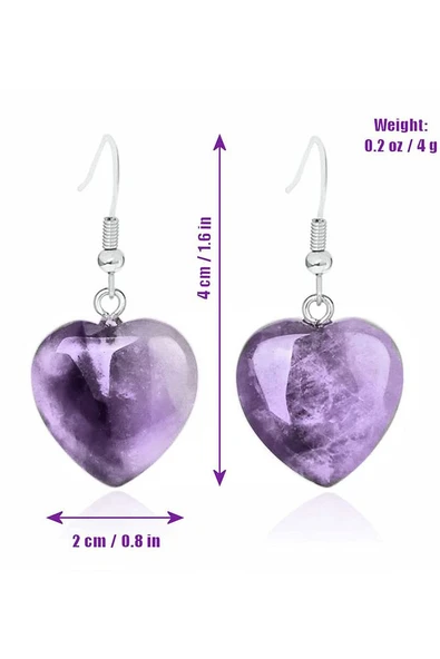 Sertifikalı Kalp Model Gerçek Ametist Taşı Doğal Taş Küpe - Resim 7