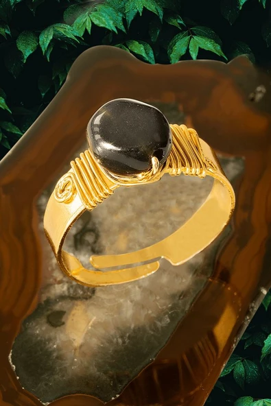 Sertifikalı Kalın Tımbıl Gold Model Siyah Obsidyen Taşı Yüzük - Ayarlamalı