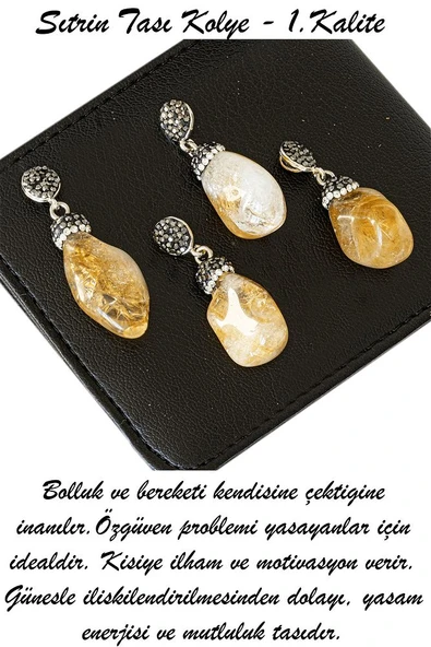 Sertifikalı Zirkon Taşlı Model Ham Sitrin Taşı Doğal Taş Kolye - Resim 3