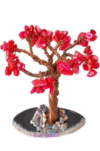 Sertifikalı Gerçek Kırmızı Sedef Doğal Taşı Ağaç - Akik Plakalı - Resim 2