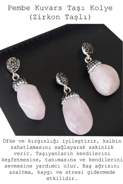 Sertifikalı Zirkon Taşlı Model Pembe Kuvars Taşı Kolye - 2
