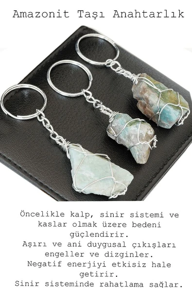 Sertifikalı Gümüş Ham Amazonit Taşı Anahtarlık - Tel Sargılı - Resim 2