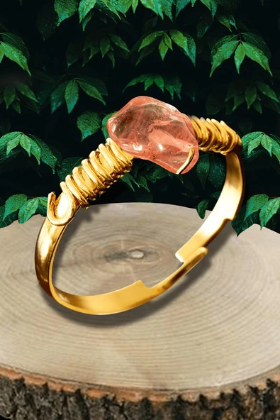 Sertifikalı Kırık Taşlı Gold Model Gül Kuvars Taşı Yüzük - Ayarlamalı ürün görseli