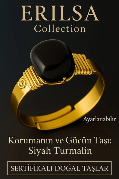 Sertifikalı Kalın Tımbıl Gold Model Siyah Turmalin Taşı Yüzük - Ayarlamalı ürün görseli