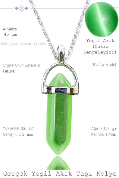 Sertifikalı Çivi Model Yeşil Akik Taşı Kolye (1.Kalite) ürün görseli