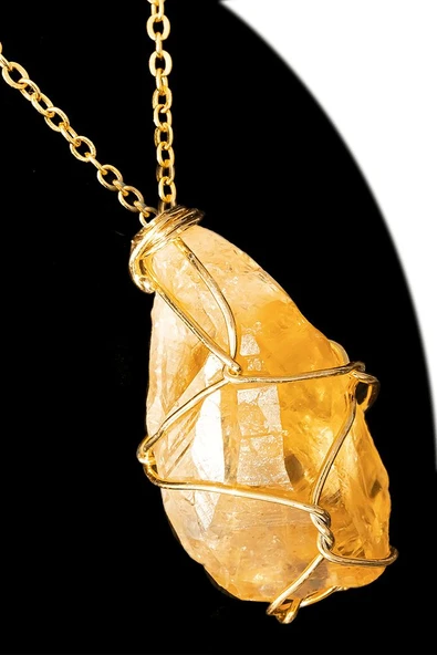 Sertifikalı Ham İşlenmemiş Gold Sitrin Taşı Kolye - Tel Sargılı ürün görseli