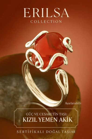 Sertifikalı Gümüş Rokoko Model Kızıl Yemen Akik Taşı Yüzük - Ayarlamalı ürün görseli