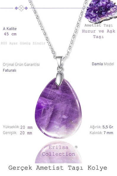 Sertifikalı Damla Model Ametist Taşı Kolye - 20mm (Gümüş Aparatlı)