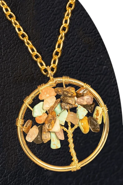 Sertifikalı Gold 7 Çakra Hayat Ağacı Kolye - Akik,Firuze,Jasper,Kuvars,Kaplan Gözü,Ametist,Akik