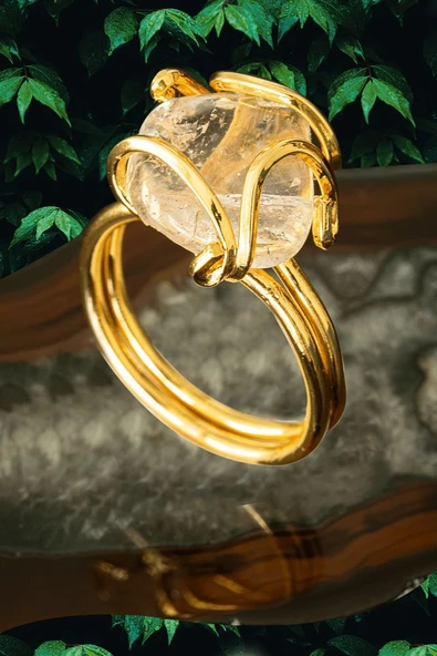 Sertifikalı Rokoko Model Altın Kaplama Sitrin Taşı Yüzük - Ayarlamalı ürün görseli