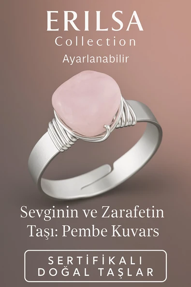 Sertifikalı Kalın Tımbıl Gümüş Pembe Kuvars Taşı Yüzük - Ayarlamalı ürün görseli